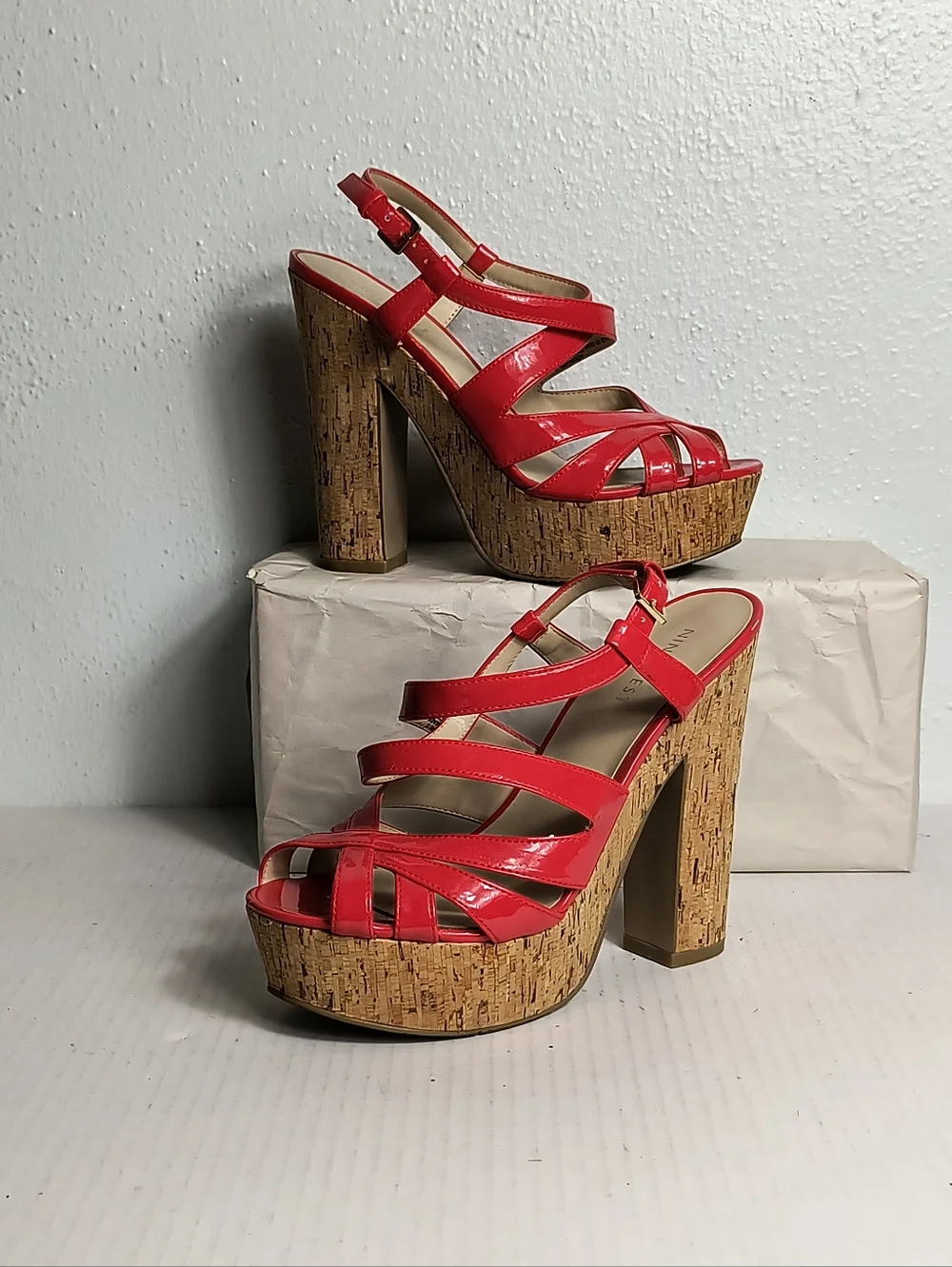 Nine West AG 6M Red Cork Platform Sandals Casual